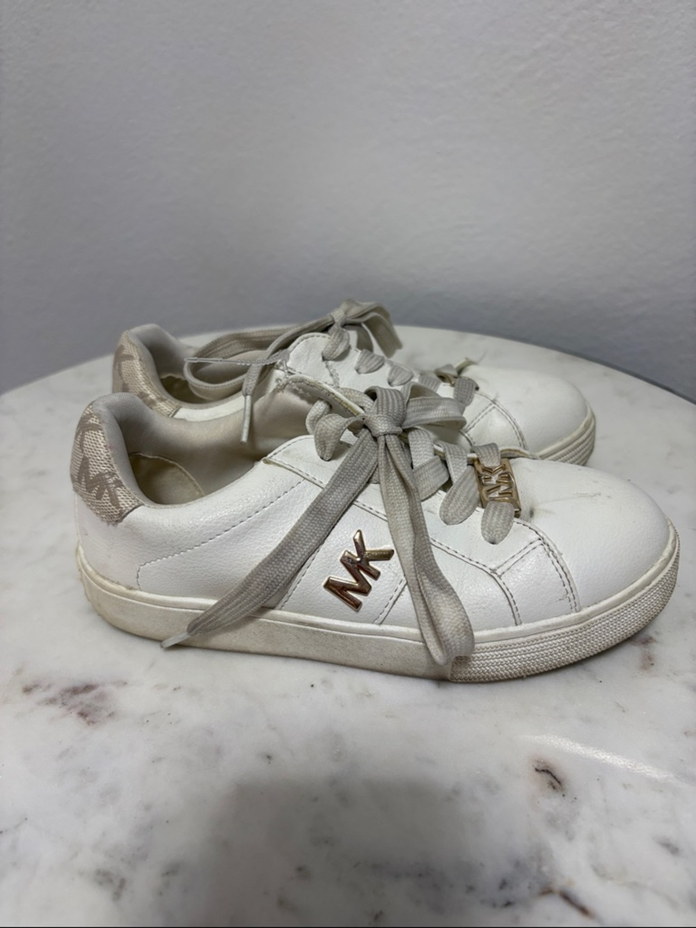 Michael Kors White & Taupe Kids Sneakers with Gold MK Accent